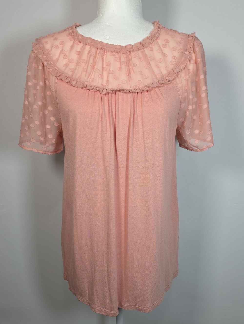 LOFT Blush Pink Swiss Dot Blouse Size M Sheer Yoke Ruffle Neck Feminine Boho Top